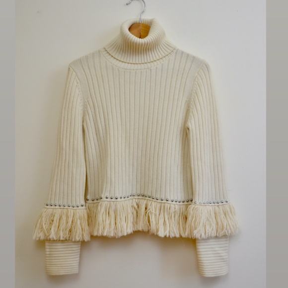 Jonathan Simkhai Sweaters - Jonathan Simkhai Cream Wool Fringe Turtleneck
